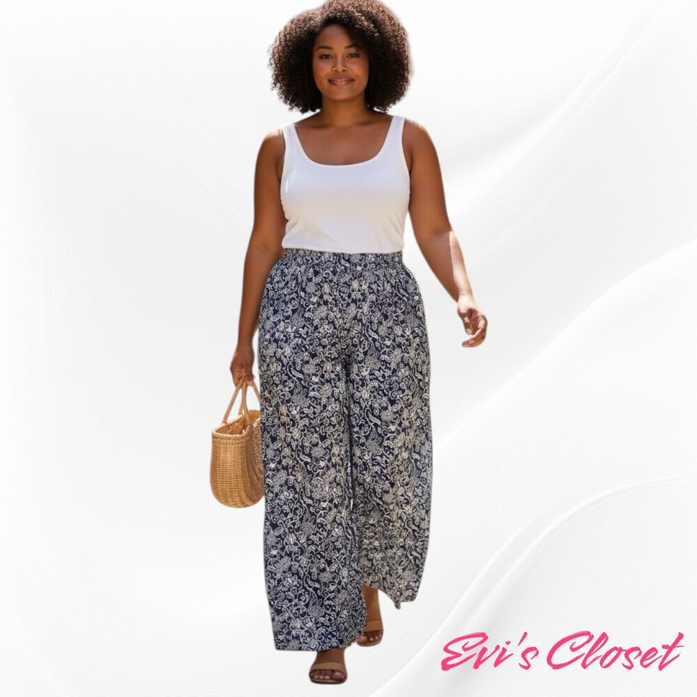 Lane Bryant Women's Plus Size 22 24 Wide Leg Pants Pull On Blue White Print